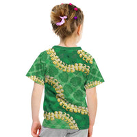 Green Palaka Hawaii Mele Kalikimaka Kid T Shirt Ohia Lehua Monstera Puakenikeni Lei - Polynesian Pride