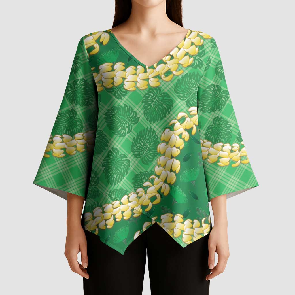 Green Palaka Hawaii Mele Kalikimaka Kimono Sleeve Blouse Ohia Lehua Monstera Puakenikeni Lei - Polynesian Pride