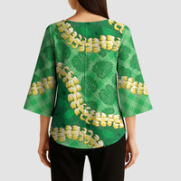 Green Palaka Hawaii Mele Kalikimaka Kimono Sleeve Blouse Ohia Lehua Monstera Puakenikeni Lei - Polynesian Pride