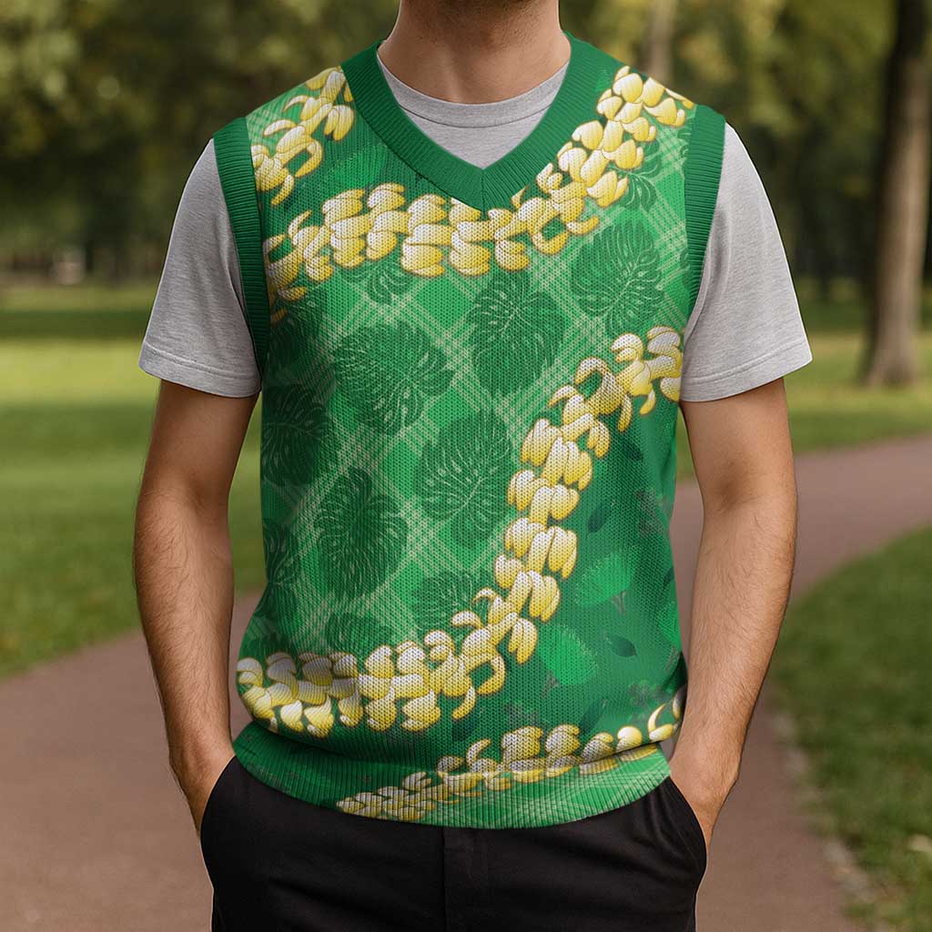 Green Palaka Hawaii Mele Kalikimaka Christmas Knitted V-Neck Vest Ohia Lehua Monstera Puakenikeni Lei - Polynesian Pride