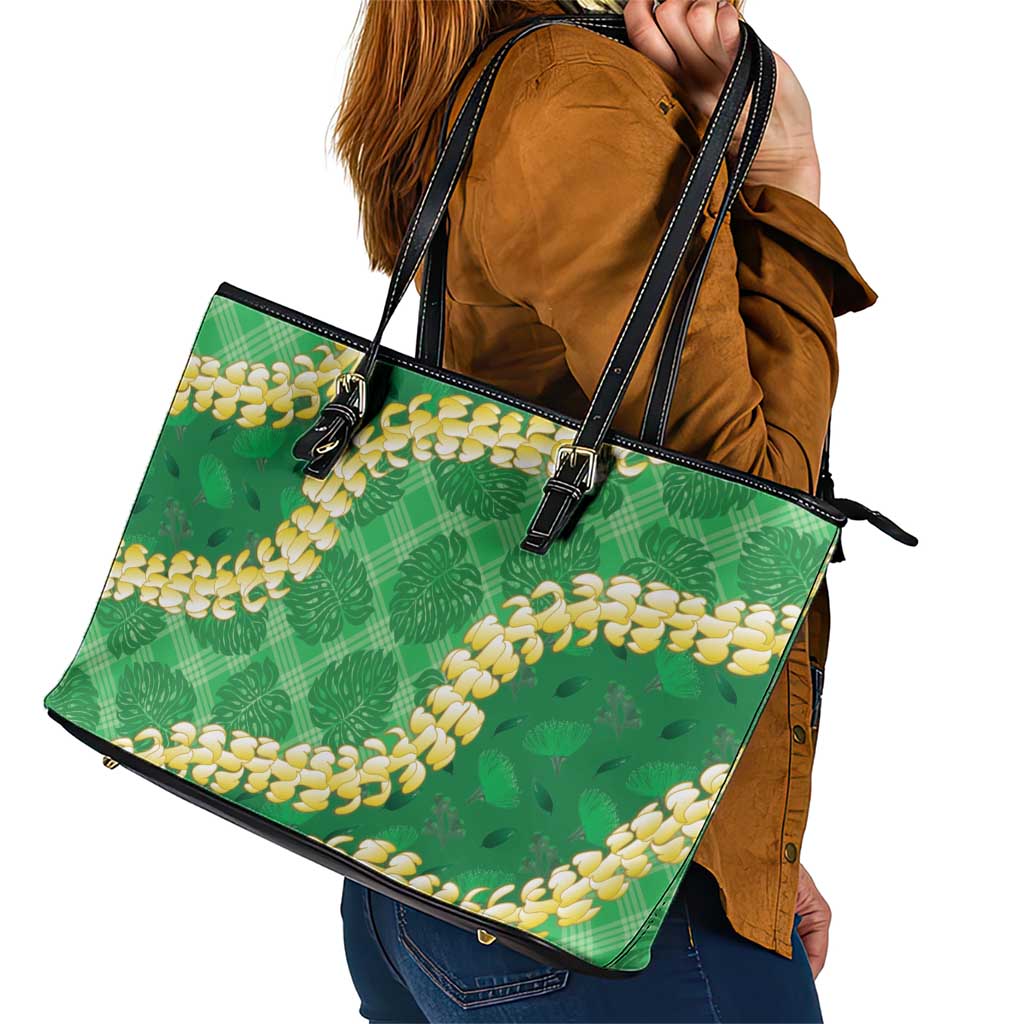 Green Palaka Hawaii Mele Kalikimaka Leather Tote Bag Ohia Lehua Monstera Puakenikeni Lei - Polynesian Pride
