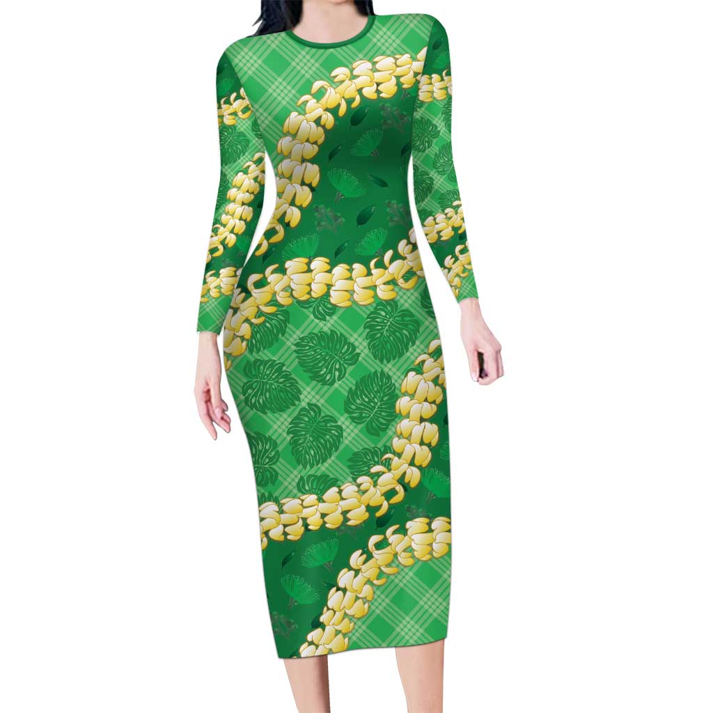 Green Palaka Hawaii Mele Kalikimaka Long Sleeve Bodycon Dress Ohia Lehua Monstera Puakenikeni Lei - Polynesian Pride