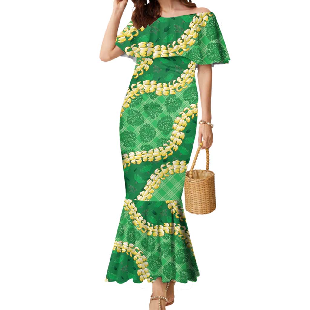 Green Palaka Hawaii Mele Kalikimaka Mermaid Dress Ohia Lehua Monstera Puakenikeni Lei - Polynesian Pride