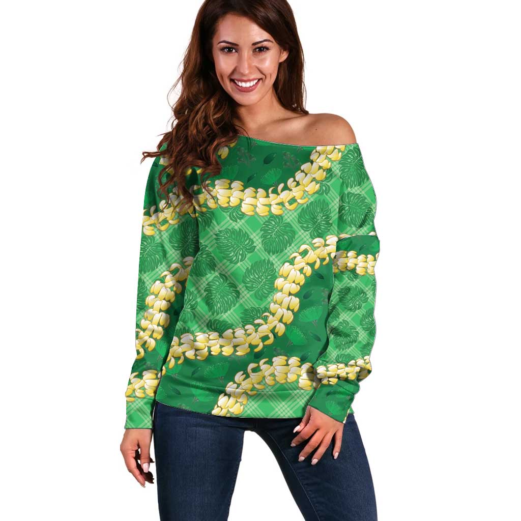 Green Palaka Hawaii Mele Kalikimaka Off Shoulder Sweater Ohia Lehua Monstera Puakenikeni Lei - Polynesian Pride
