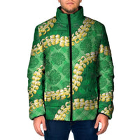 Green Palaka Hawaii Mele Kalikimaka Padded Jacket Ohia Lehua Monstera Puakenikeni Lei - Polynesian Pride
