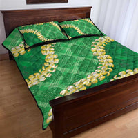 Green Palaka Hawaii Mele Kalikimaka Quilt Bed Set Ohia Lehua Monstera Puakenikeni Lei - Polynesian Pride