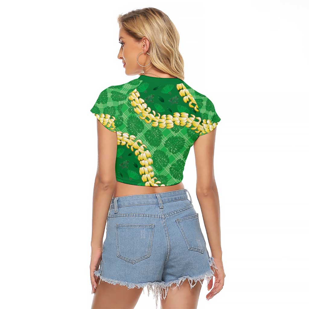 Green Palaka Hawaii Mele Kalikimaka Raglan Cropped T Shirt Ohia Lehua Monstera Puakenikeni Lei - Polynesian Pride