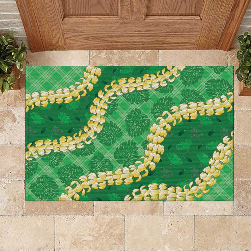 Green Palaka Hawaii Mele Kalikimaka Rubber Doormat Ohia Lehua Monstera Puakenikeni Lei - Polynesian Pride