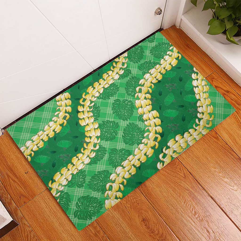 Green Palaka Hawaii Mele Kalikimaka Rubber Doormat Ohia Lehua Monstera Puakenikeni Lei - Polynesian Pride
