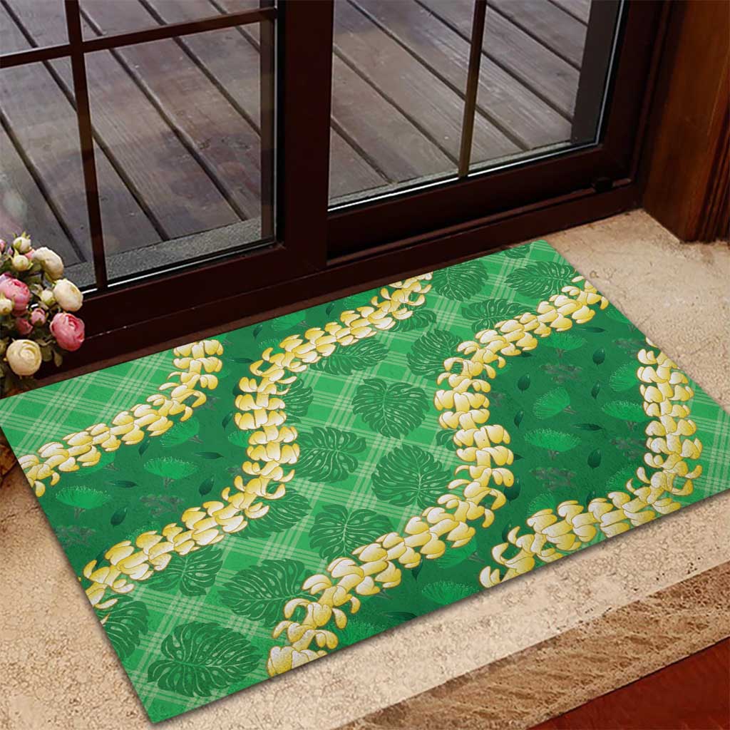 Green Palaka Hawaii Mele Kalikimaka Rubber Doormat Ohia Lehua Monstera Puakenikeni Lei - Polynesian Pride