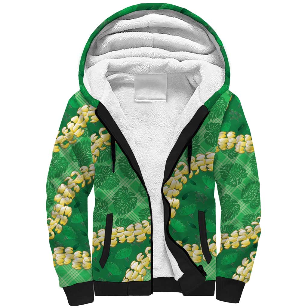 Green Palaka Hawaii Mele Kalikimaka Sherpa Hoodie Ohia Lehua Monstera Puakenikeni Lei - Polynesian Pride