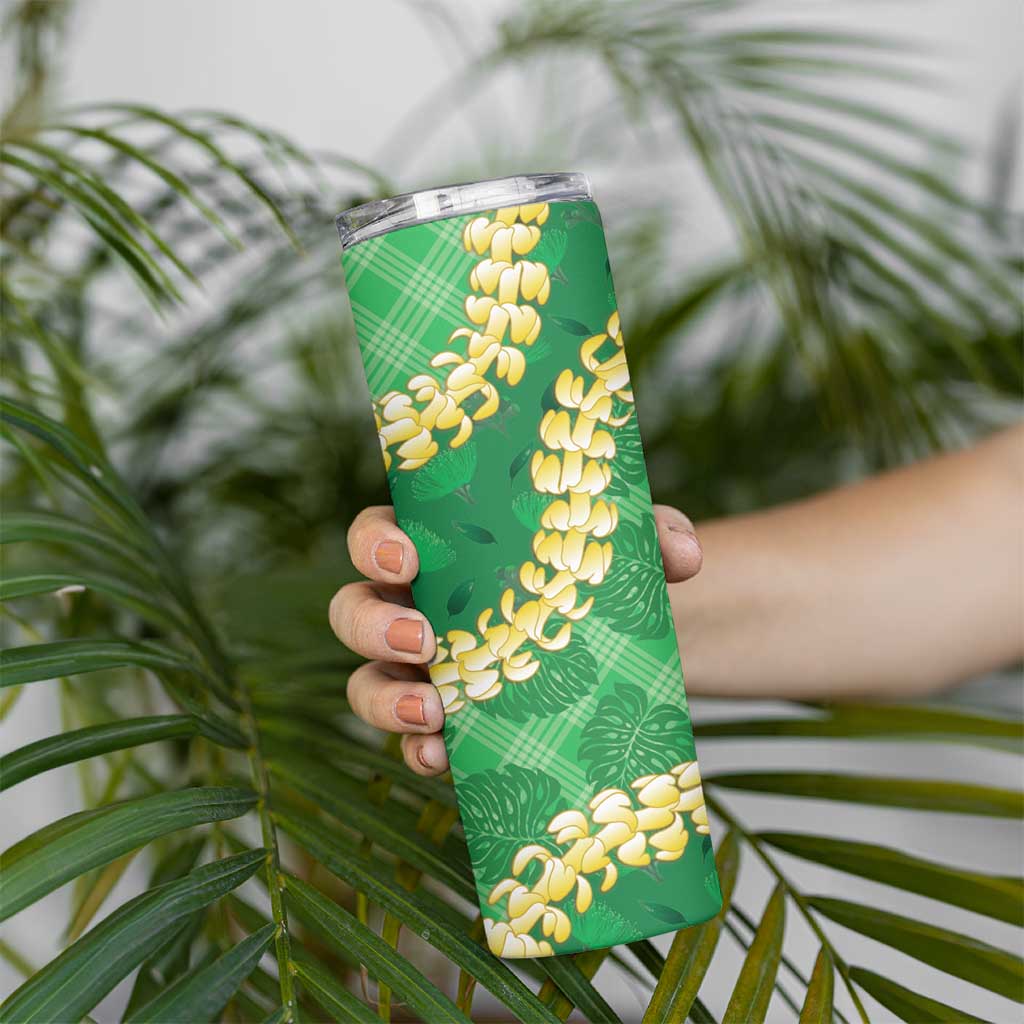 Green Palaka Hawaii Mele Kalikimaka Skinny Tumbler Ohia Lehua Monstera Puakenikeni Lei - Polynesian Pride