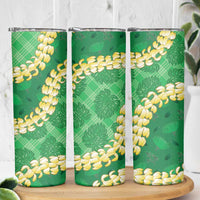Green Palaka Hawaii Mele Kalikimaka Skinny Tumbler Ohia Lehua Monstera Puakenikeni Lei - Polynesian Pride