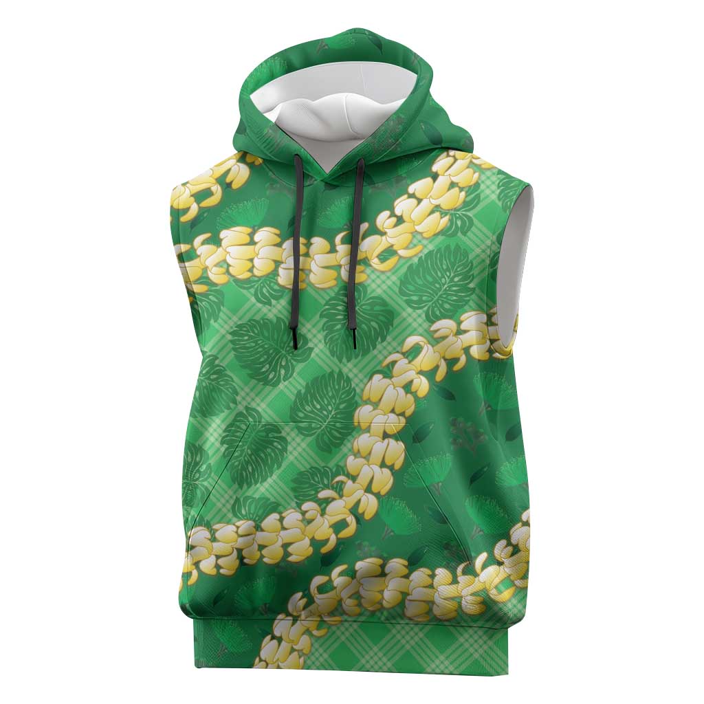 Green Palaka Hawaii Mele Kalikimaka Sleeveless Hoodie Ohia Lehua Monstera Puakenikeni Lei - Polynesian Pride