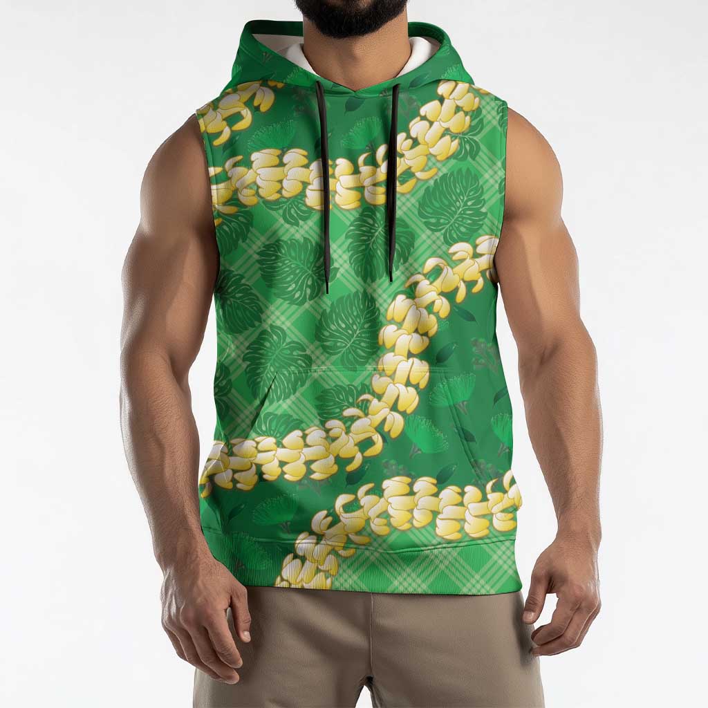 Green Palaka Hawaii Mele Kalikimaka Sleeveless Hoodie Ohia Lehua Monstera Puakenikeni Lei - Polynesian Pride