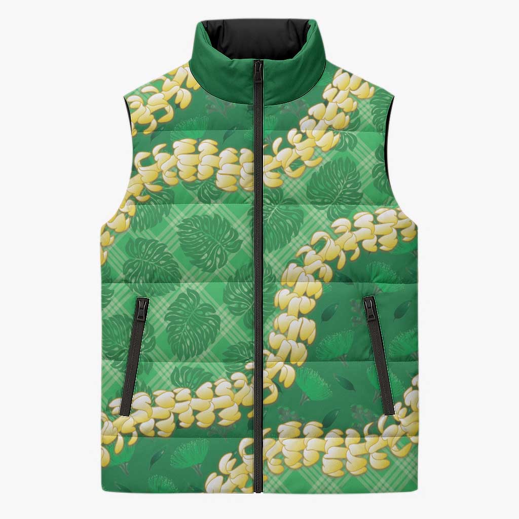 Green Palaka Hawaii Mele Kalikimaka Sleeveless Puffer Jacket Ohia Lehua Monstera Puakenikeni Lei - Polynesian Pride