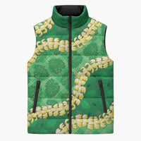 Green Palaka Hawaii Mele Kalikimaka Sleeveless Puffer Jacket Ohia Lehua Monstera Puakenikeni Lei - Polynesian Pride
