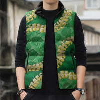 Green Palaka Hawaii Mele Kalikimaka Sleeveless Puffer Jacket Ohia Lehua Monstera Puakenikeni Lei - Polynesian Pride