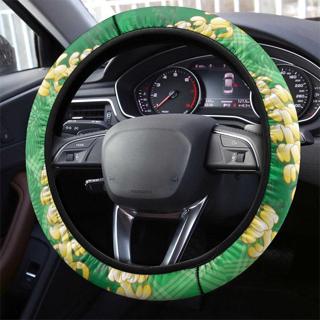 Green Palaka Hawaii Mele Kalikimaka Steering Wheel Cover Ohia Lehua Monstera Puakenikeni Lei - Polynesian Pride