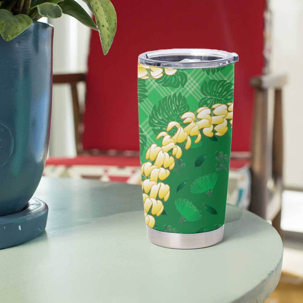 Green Palaka Hawaii Mele Kalikimaka Tumbler Cup Ohia Lehua Monstera Puakenikeni Lei - Polynesian Pride