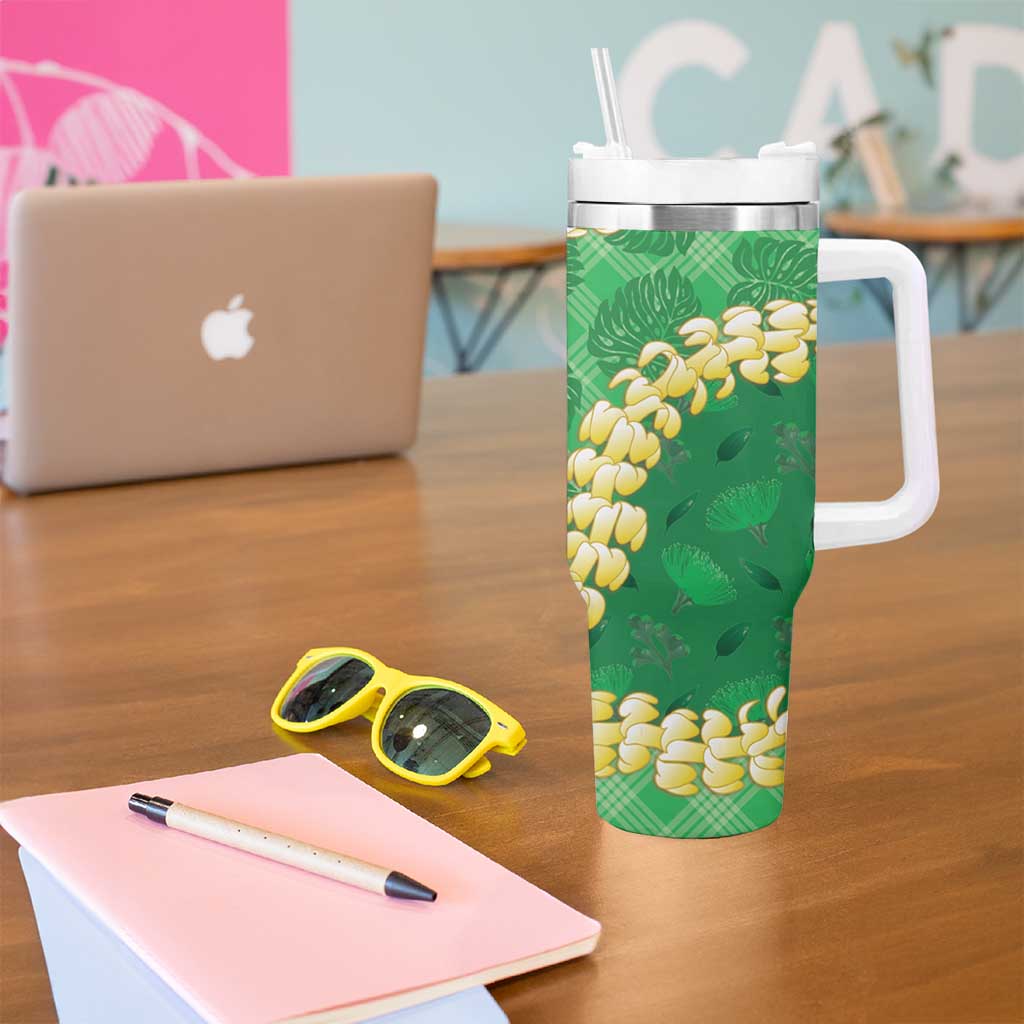 Green Palaka Hawaii Mele Kalikimaka Tumbler With Handle Ohia Lehua Monstera Puakenikeni Lei - Polynesian Pride
