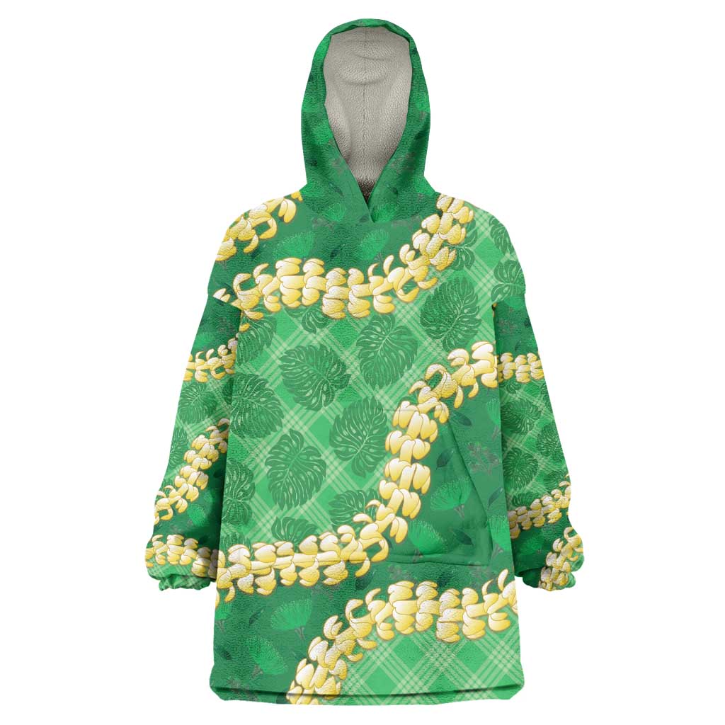 Green Palaka Hawaii Mele Kalikimaka Wearable Blanket Hoodie Ohia Lehua Monstera Puakenikeni Lei - Polynesian Pride