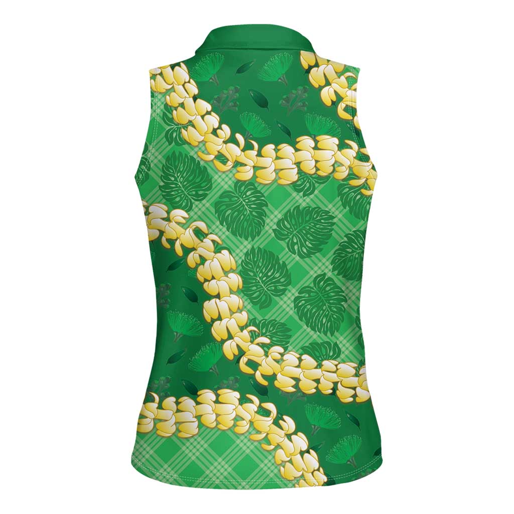 Green Palaka Hawaii Mele Kalikimaka Women Sleeveless Polo Shirt Ohia Lehua Monstera Puakenikeni Lei - Polynesian Pride