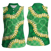 Green Palaka Hawaii Mele Kalikimaka Women Sleeveless Polo Shirt Ohia Lehua Monstera Puakenikeni Lei - Polynesian Pride