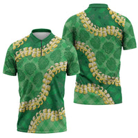 Green Palaka Hawaii Mele Kalikimaka Zipper Polo Shirt Ohia Lehua Monstera Puakenikeni Lei - Polynesian Pride