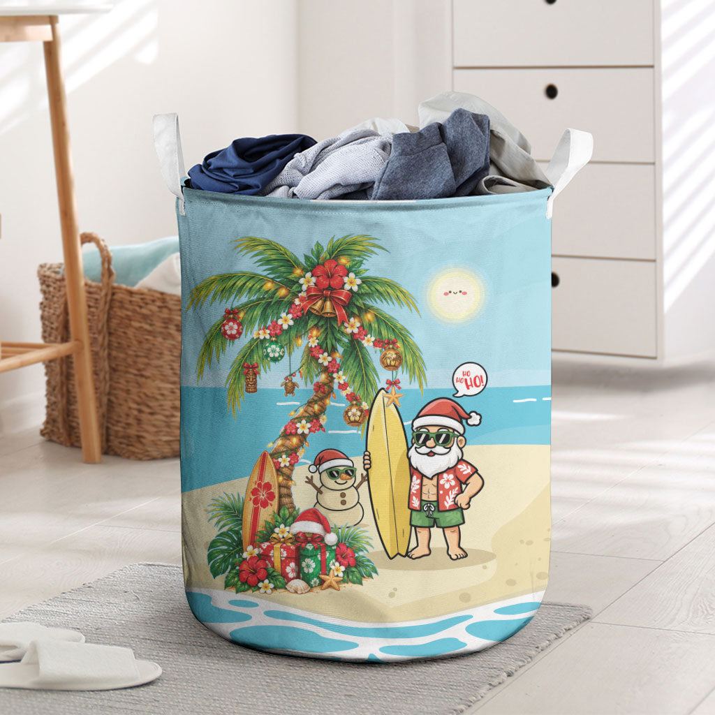 Hawaii Christmas Mele Kalikimaka Laundry Basket Festive Palm Chilling Santa With Surfboard LT14 Blue - Polynesian Pride