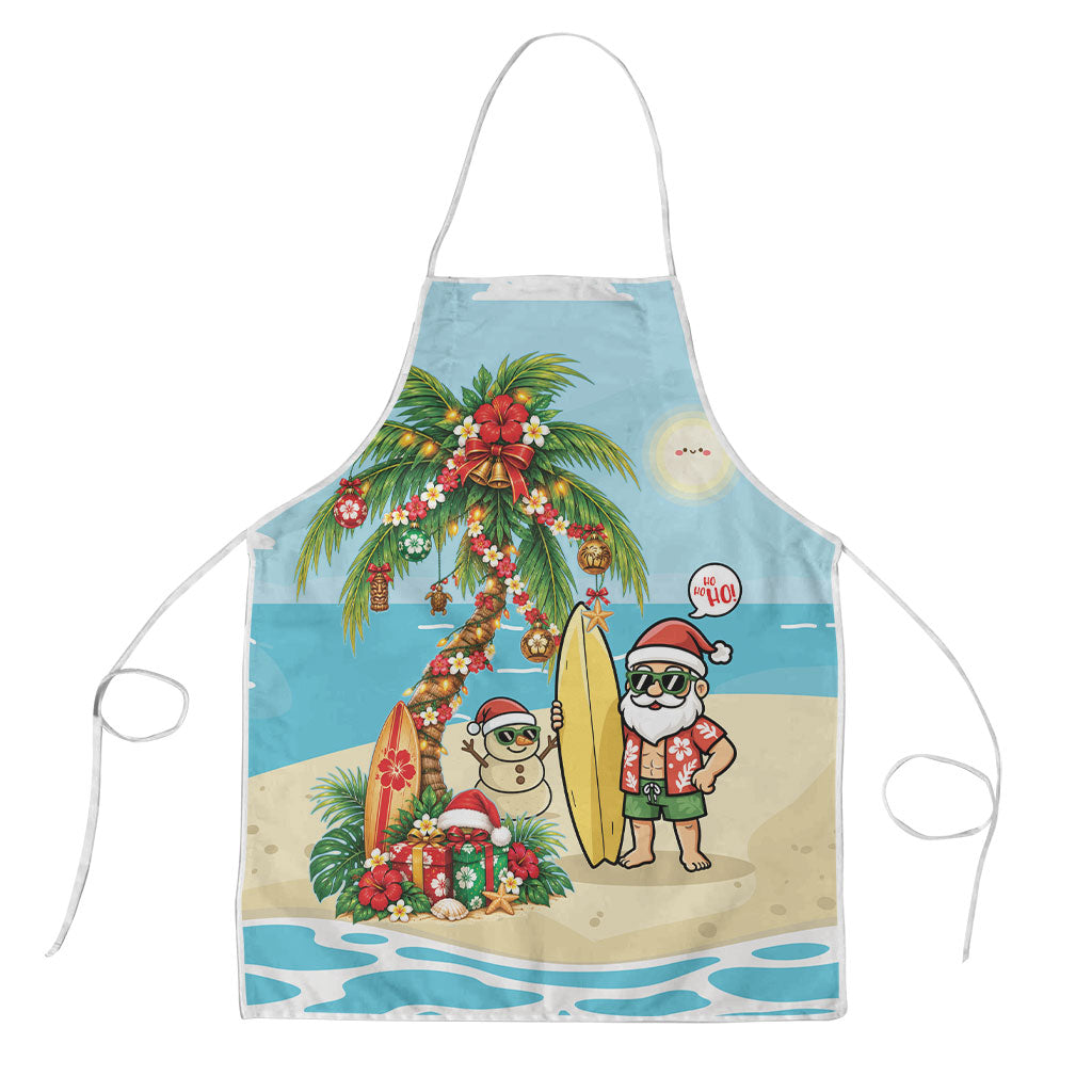 Hawaii Christmas Mele Kalikimaka Apron Festive Palm Chilling Santa With Surfboard LT14 Blue - Polynesian Pride
