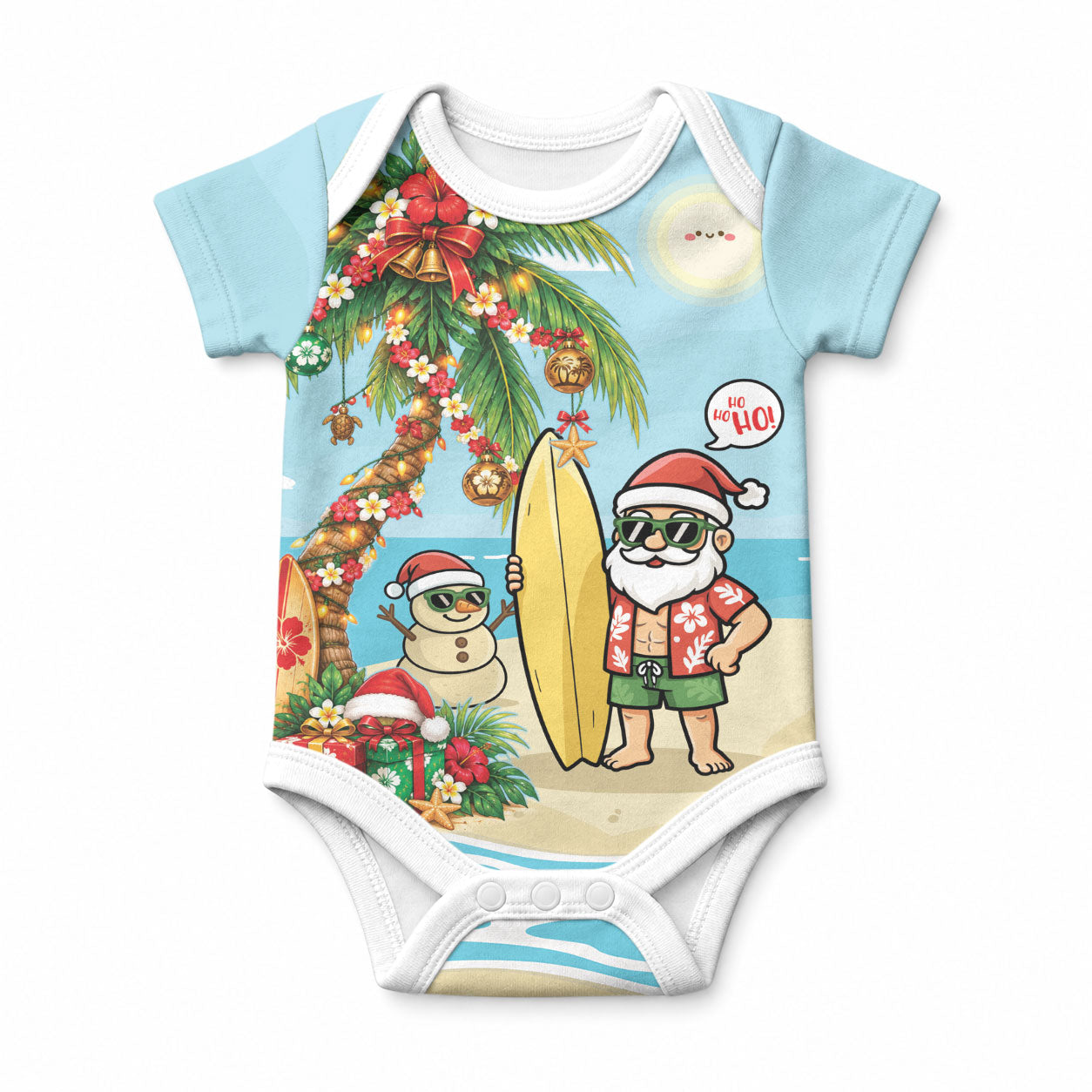 Hawaii Christmas Mele Kalikimaka Baby Onesie Festive Palm Chilling Santa With Surfboard LT14 Blue - Polynesian Pride