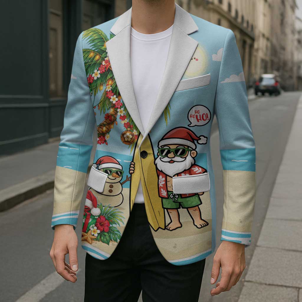 Hawaii Christmas Mele Kalikimaka Blazer Festive Palm Chilling Santa With Surfboard LT14 - Polynesian Pride