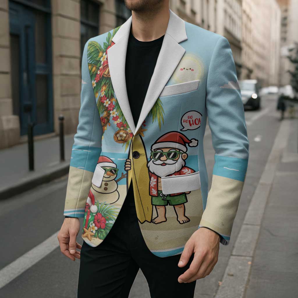 Hawaii Christmas Mele Kalikimaka Blazer Festive Palm Chilling Santa With Surfboard LT14 - Polynesian Pride