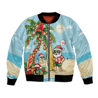 Hawaii Christmas Mele Kalikimaka Bomber Jacket Festive Palm Chilling Santa With Surfboard LT14 Unisex Blue - Polynesian Pride