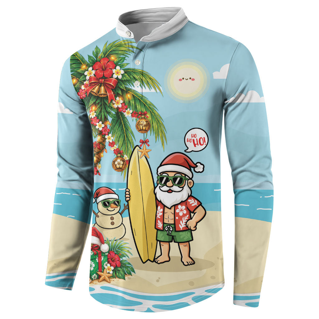 Hawaii Christmas Mele Kalikimaka Button Sweatshirt Festive Palm Chilling Santa With Surfboard LT14 - Polynesian Pride