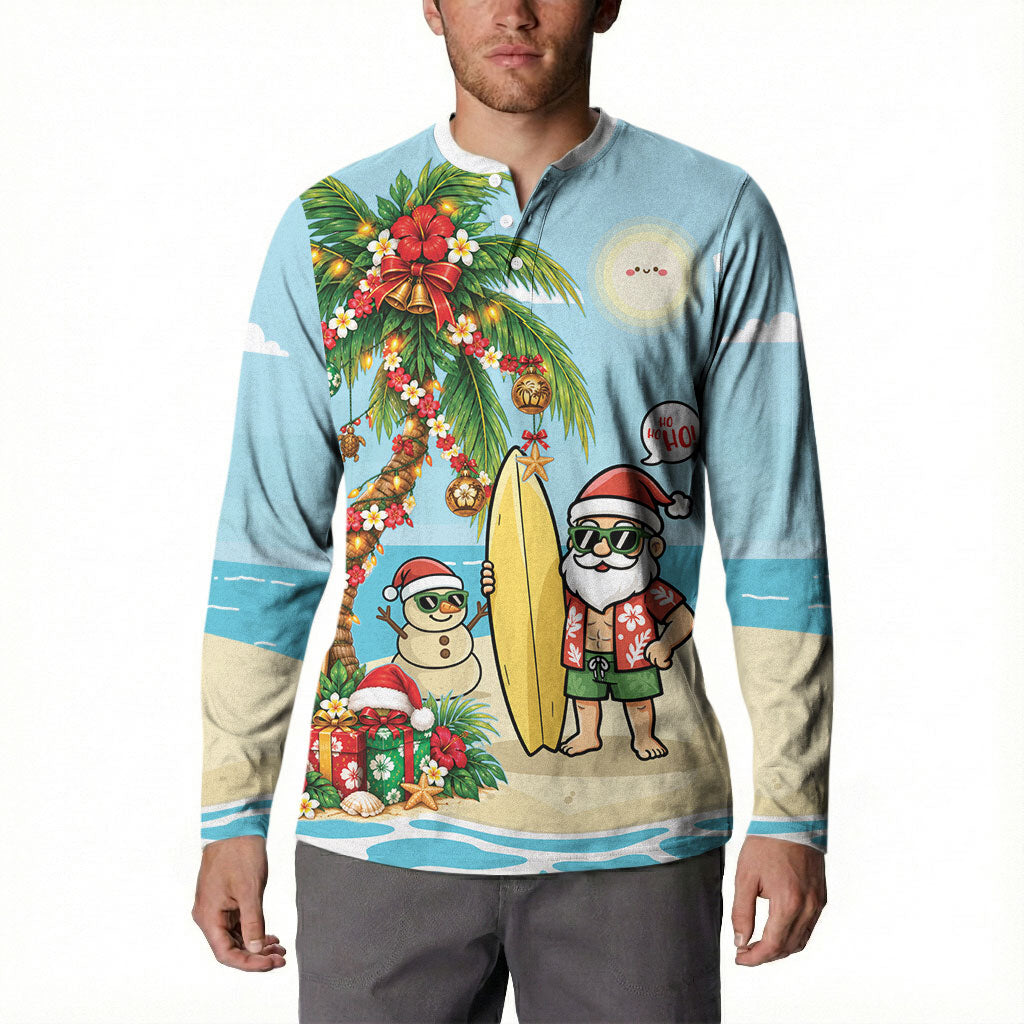 Hawaii Christmas Mele Kalikimaka Button Sweatshirt Festive Palm Chilling Santa With Surfboard LT14 - Polynesian Pride