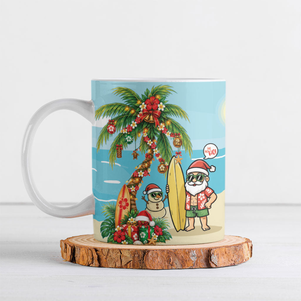 Hawaii Christmas Mele Kalikimaka Ceramic Mug Festive Palm Chilling Santa With Surfboard LT14 Blue - Polynesian Pride