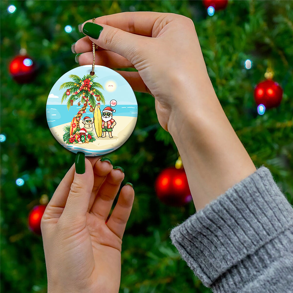 Hawaii Christmas Mele Kalikimaka Ceramic Ornament Festive Palm Chilling Santa With Surfboard LT14 - Polynesian Pride