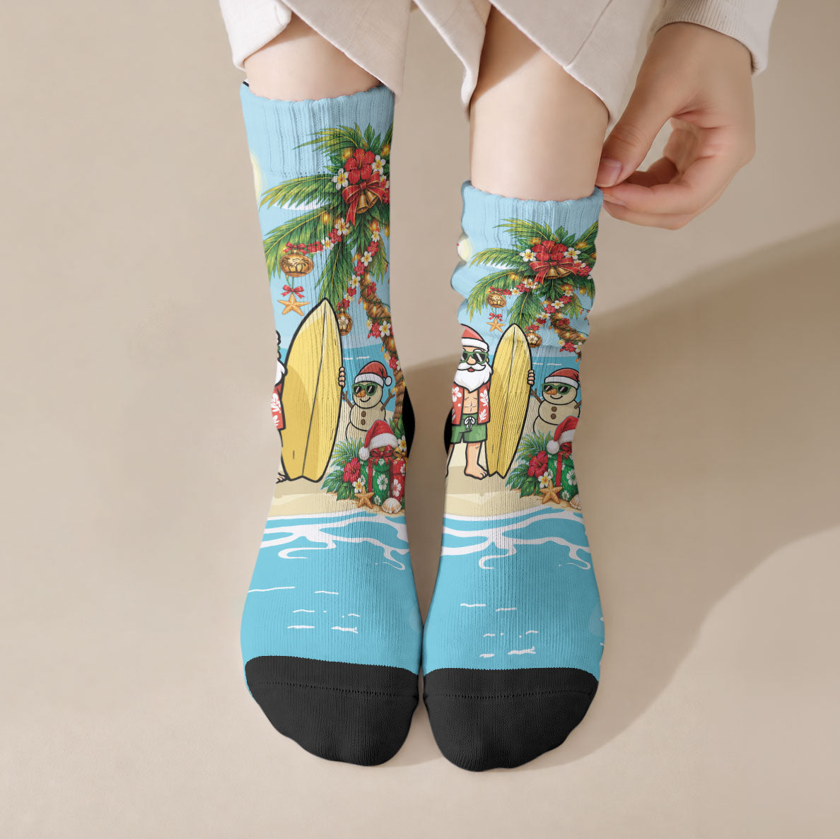 Hawaii Christmas Mele Kalikimaka Crew Socks Festive Palm Chilling Santa With Surfboard LT14 Crew Socks Blue - Polynesian Pride