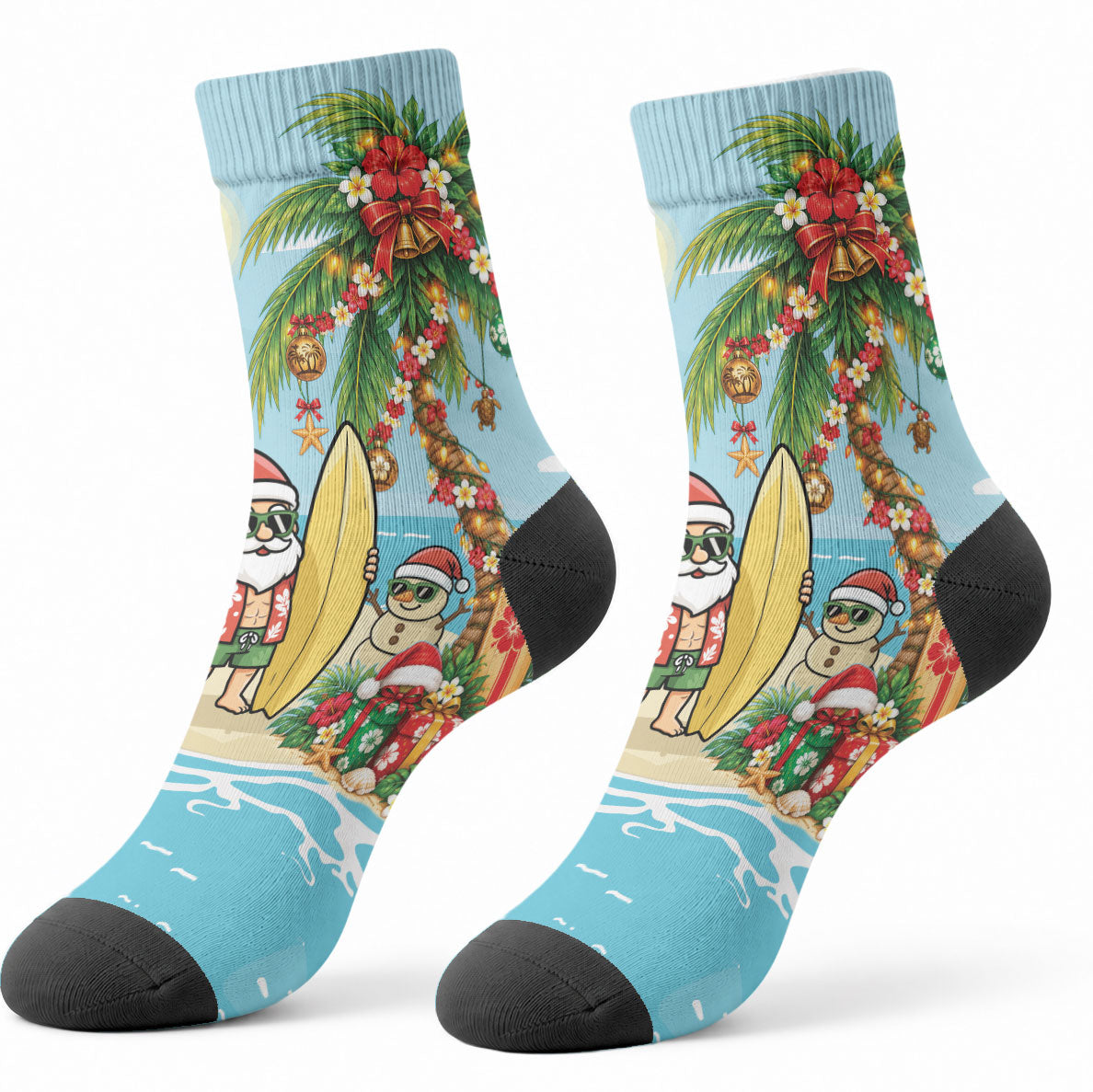 Hawaii Christmas Mele Kalikimaka Crew Socks Festive Palm Chilling Santa With Surfboard LT14 - Polynesian Pride