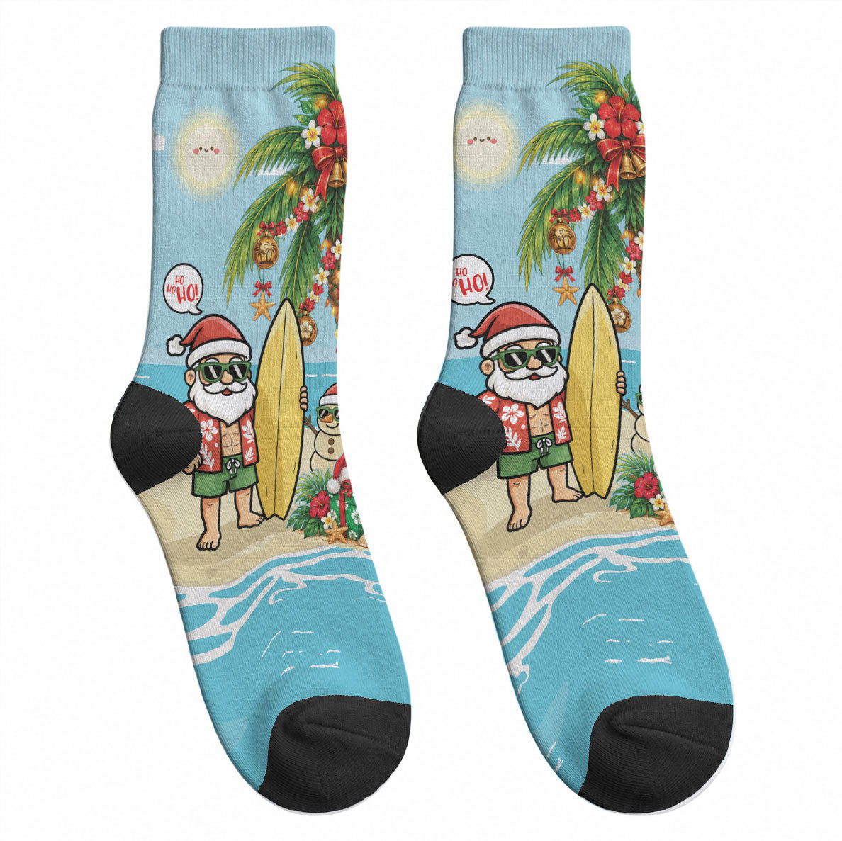 Hawaii Christmas Mele Kalikimaka Crew Socks Festive Palm Chilling Santa With Surfboard LT14 - Polynesian Pride