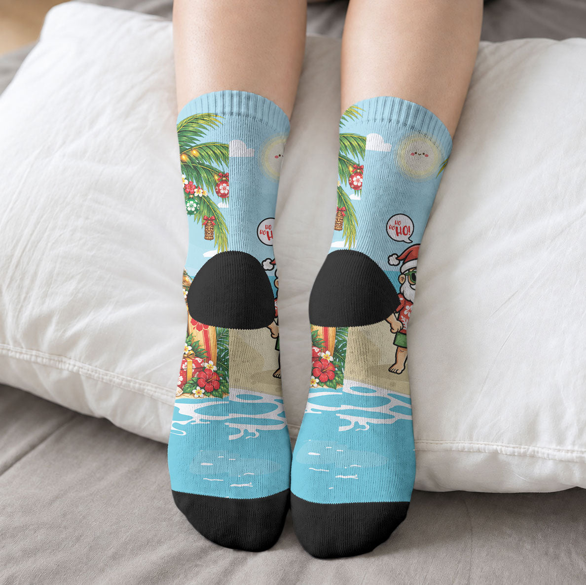 Hawaii Christmas Mele Kalikimaka Crew Socks Festive Palm Chilling Santa With Surfboard LT14 - Polynesian Pride