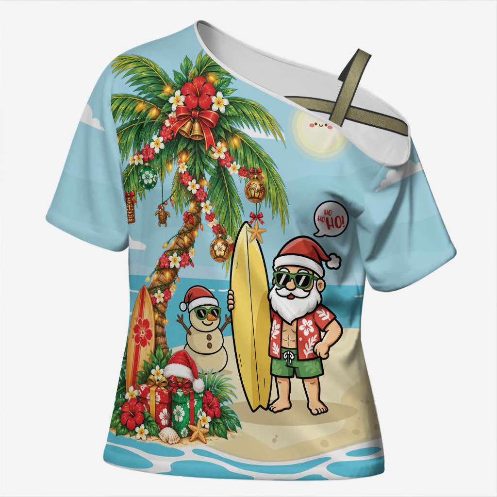 Hawaii Christmas Mele Kalikimaka Cross Shoulder Shirt Festive Palm Chilling Santa With Surfboard LT14 Female Blue - Polynesian Pride