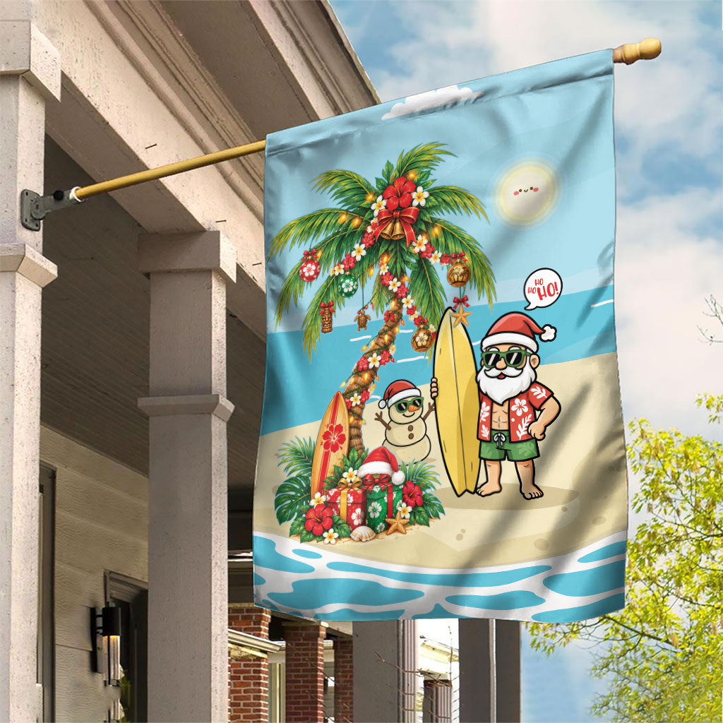 Hawaii Christmas Mele Kalikimaka Garden Flag Festive Palm Chilling Santa With Surfboard LT14 House Flag Blue - Polynesian Pride