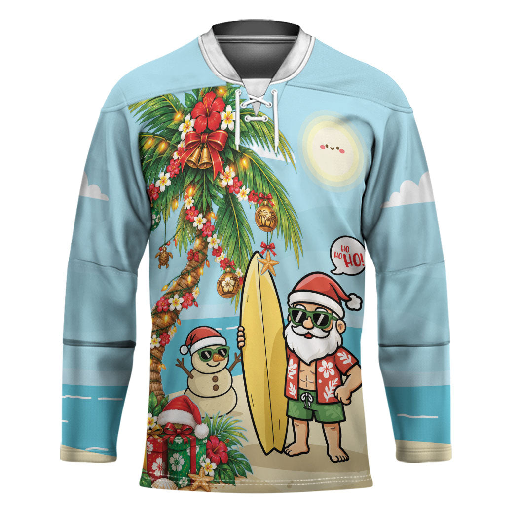 Hawaii Christmas Mele Kalikimaka Hockey Jersey Festive Palm Chilling Santa With Surfboard LT14 Unisex Blue - Polynesian Pride