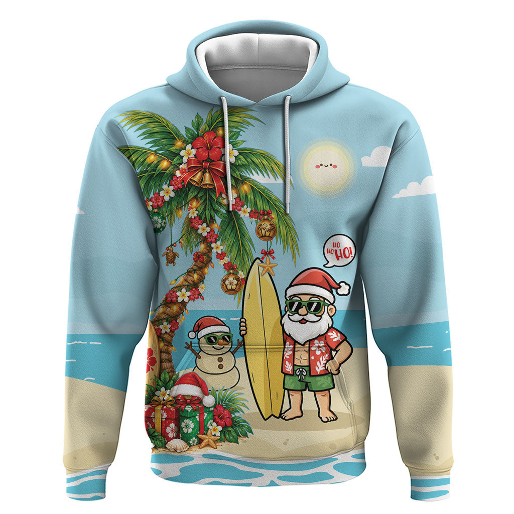 Hawaii Christmas Mele Kalikimaka Hoodie Festive Palm Chilling Santa With Surfboard LT14 Pullover Hoodie Blue - Polynesian Pride