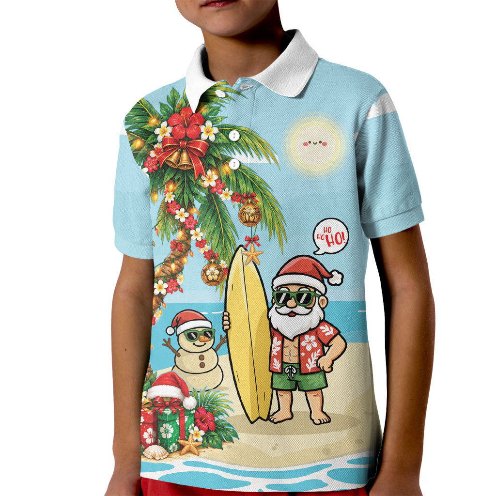 Hawaii Christmas Mele Kalikimaka Kid Polo Shirt Festive Palm Chilling Santa With Surfboard LT14 Kid Blue - Polynesian Pride
