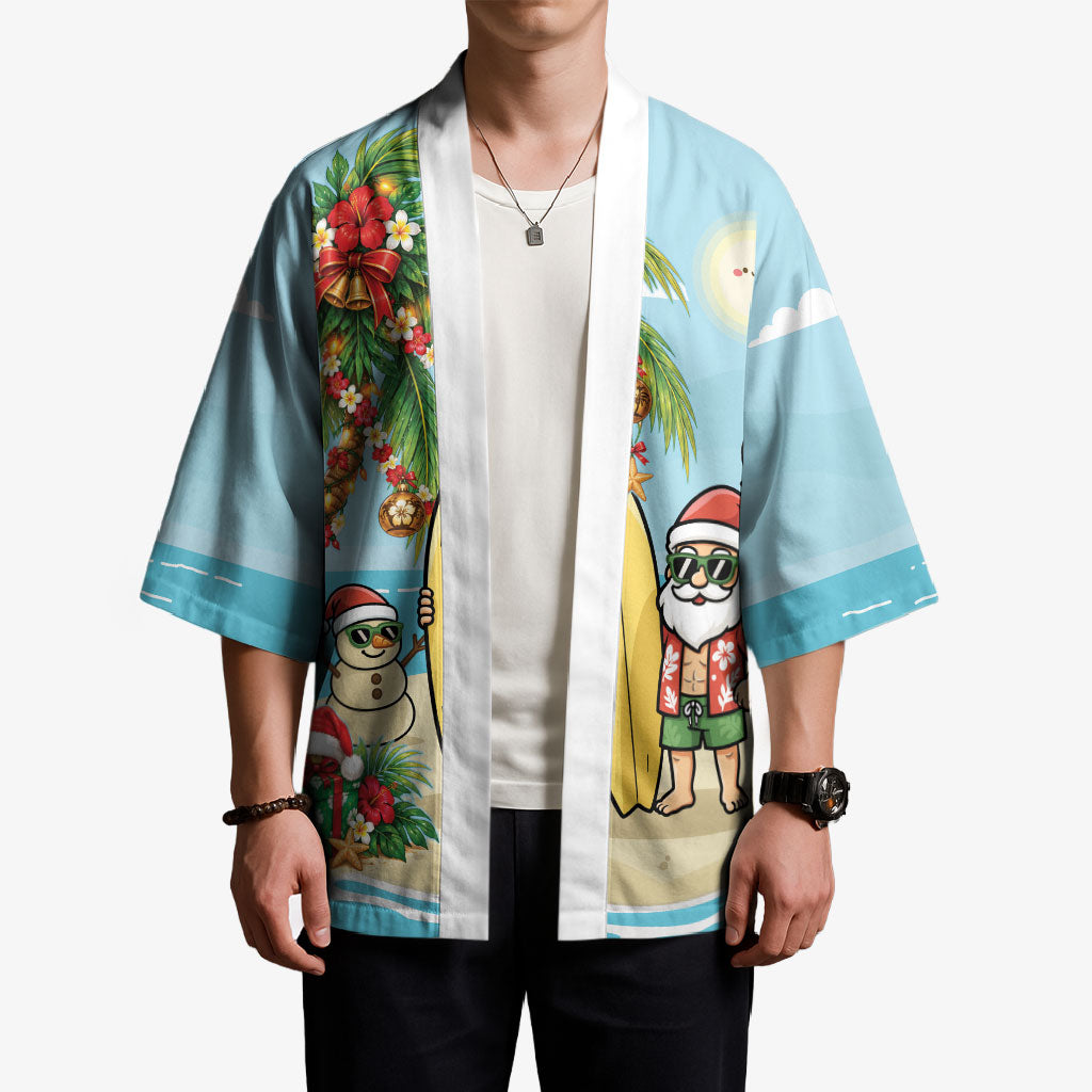 Hawaii Christmas Mele Kalikimaka Kimono Festive Palm Chilling Santa With Surfboard LT14 - Polynesian Pride