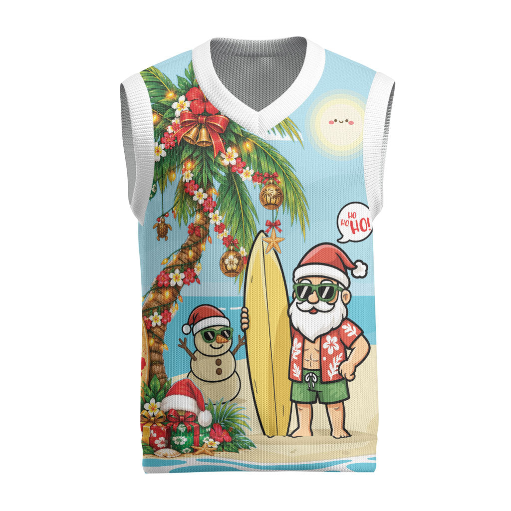 Hawaii Christmas Mele Kalikimaka Christmas Knitted V-Neck Vest Festive Palm Chilling Santa With Surfboard LT14 Blue - Polynesian Pride